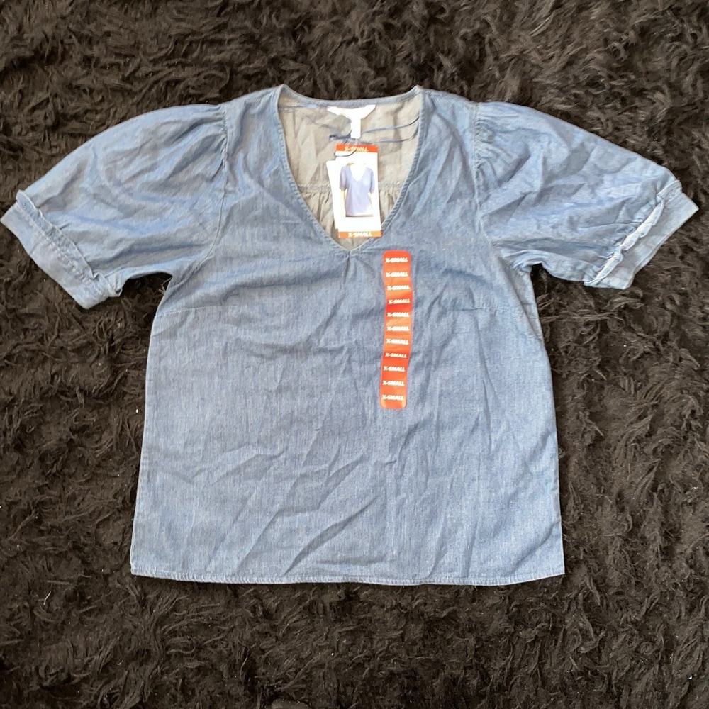 Draper James Blouse Womens XS VNeck Ruffle Puff Denim Chambray Jean‎ Summer Top